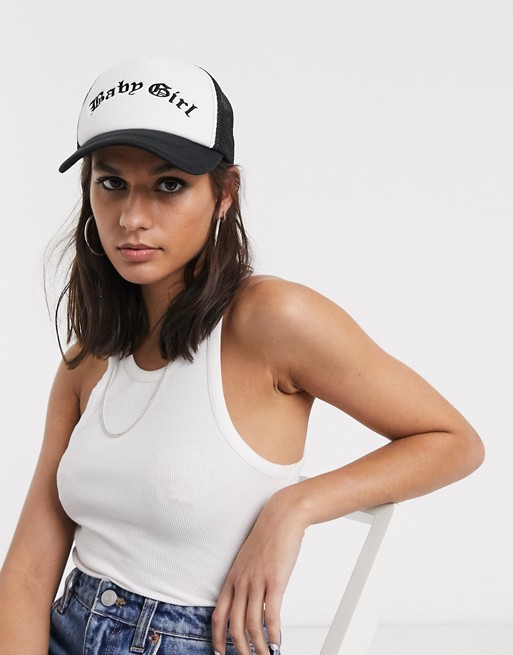 ASOS DESIGN baseball trucker hat with 'baby girl' slogan in white