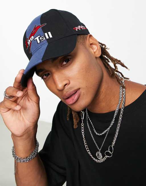 ASOS DESIGN – Baseballkappe aus Baumwollleinen in Schwarz Marineblau mit Streifen- und Textstickerei