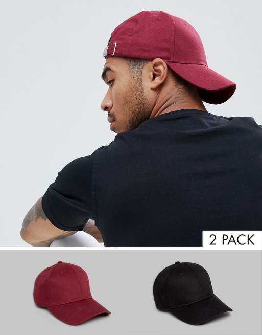 ASOS DESIGN – Baseballkappen aus Baumwolle in Schwarz und Burgunderfarben im 2er-Pack