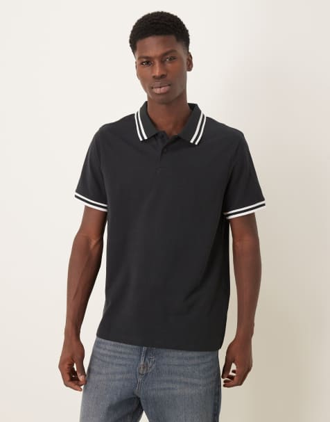 ASOS DESIGN Essentials Polo with white tipping in black pique