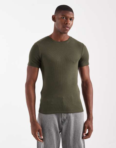 ASOS DESIGN - Basic geribbeld muscle fit T-shirt in kaki - view 1