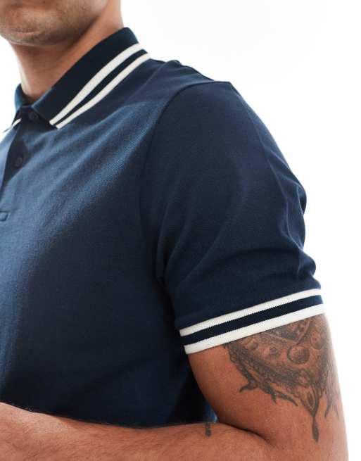 ASOS DESIGN – Basic – Granatowa koszulka polo z piki z białymi lamówkami, 3 z 4