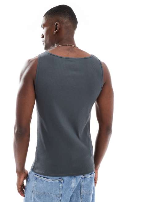 ASOS DESIGN - Basic muscle fit geribbeld hemd in antracietgrijs  , 3 van 4