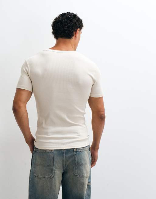 ASOS DESIGN - Basic muscle fit geribbeld T-shirt in beige, 4 van 10