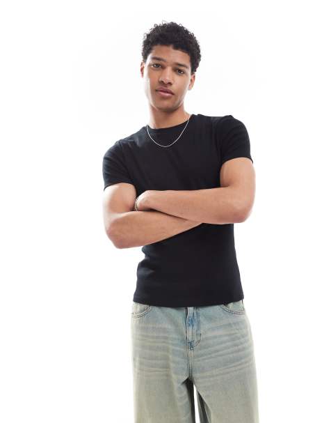 ASOS DESIGN - Basic muscle fit geribbeld T-shirt in zwart - view 1