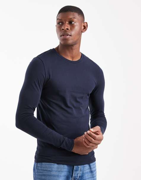 ASOS DESIGN - Basic muscle-fit T-shirt met lange mouwen in marineblauw - view 1