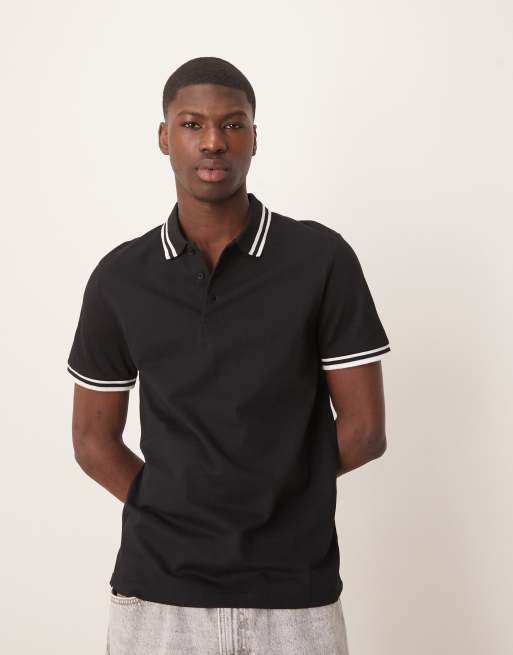 ASOS DESIGN – Basic-Polohemd aus Pikee in Schwarz mit Regular-Fit-Schnitt und Zierstreifen  , 3 von 4