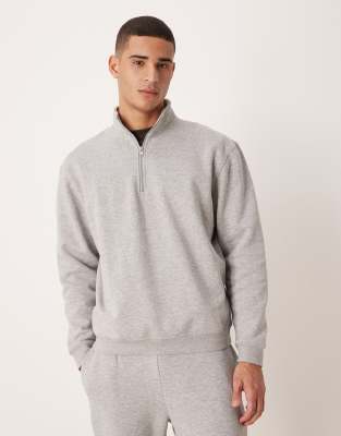 Basic-Sweatshirt im Relaxed-Fit-Stil in meliertem Grau mit kurzem Reißverschluss Grau XS