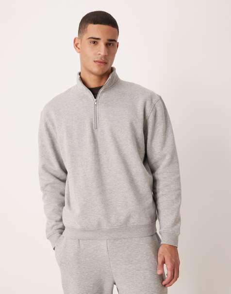 ASOS DESIGN – Basic-Sweatshirt im Relaxed-Fit-Stil in meliertem Grau mit kurzem Reißverschluss - view 1