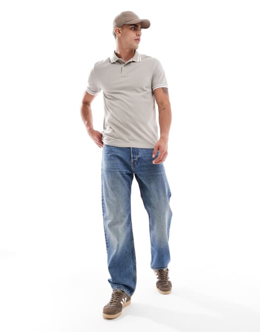 ASOS DESIGN – Basic – Szarobeżowa koszulka polo z piki z białą lamówką, 4 z 4
