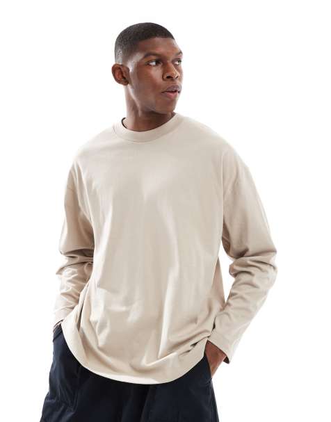 ASOS DESIGN – Basic – Szarobeżowy T-shirt oversize z długimi rękawami - view 1