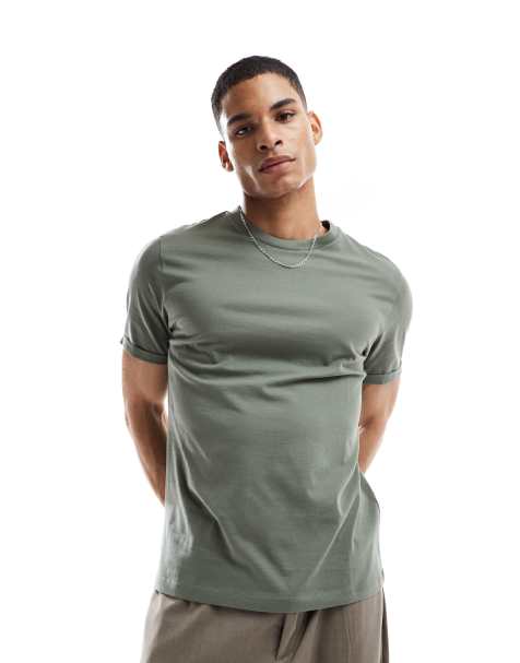 ASOS DESIGN – Basic-T-Shirt in Khaki mit Rundhalsausschnitt und umgeschlagenen Ärmeln - view 1