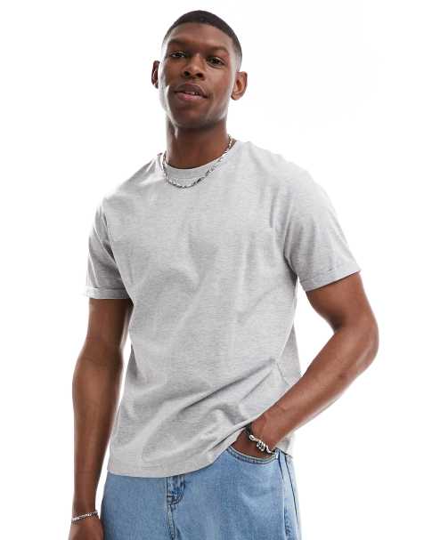 ASOS DESIGN – Basic-T-Shirt in meliertem Grau mit Rundhalsausschnitt und aufgerollten Ärmeln - view 1