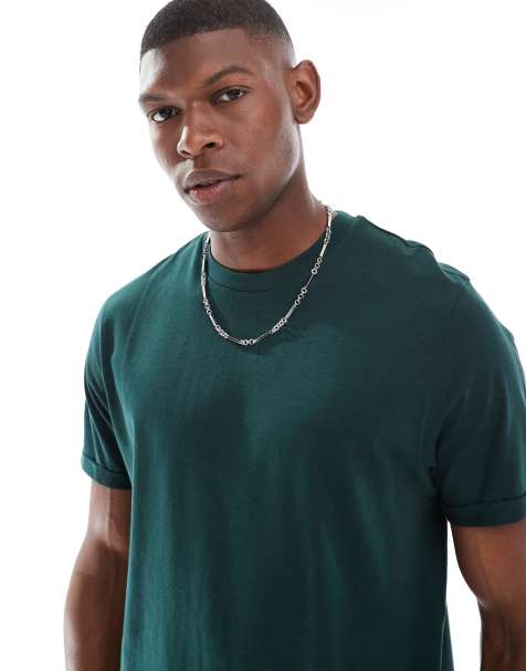 ASOS DESIGN - Basic T-shirt met ronde hals en omgeslagen mouwen in donkergroen - view 1