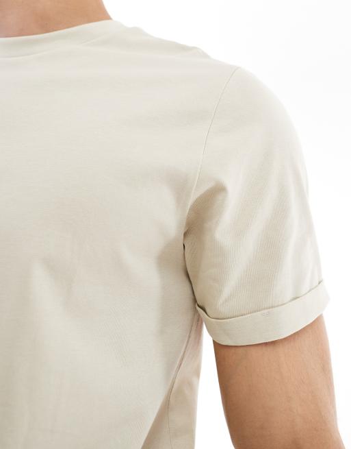 ASOS DESIGN - Basic T-shirt met ronde hals en omgeslagen mouwen in stone, 3 van 4