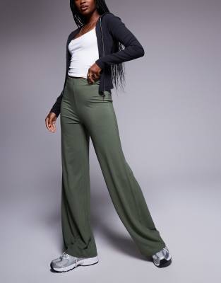 Asos Design Basic Wide Leg Jersey Pants In Khaki-green