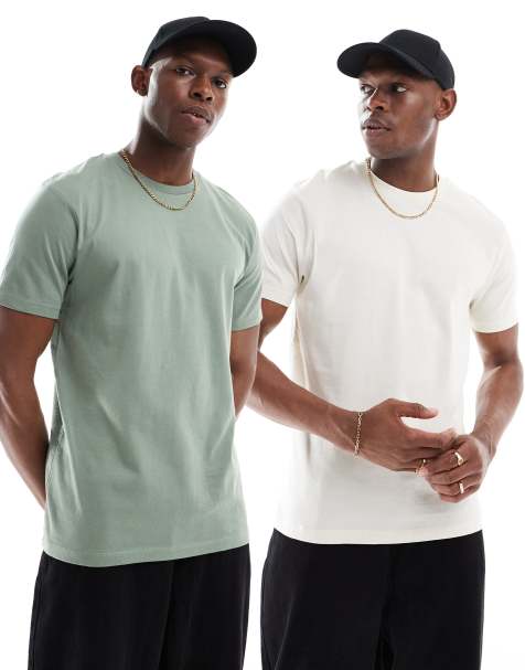 ASOS DESIGN Essentials 2 pack crew neck t-shirts in cream and green