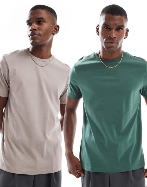 ASOS DESIGN Essentials 2 pack crew neck t-shirts in green and stone 