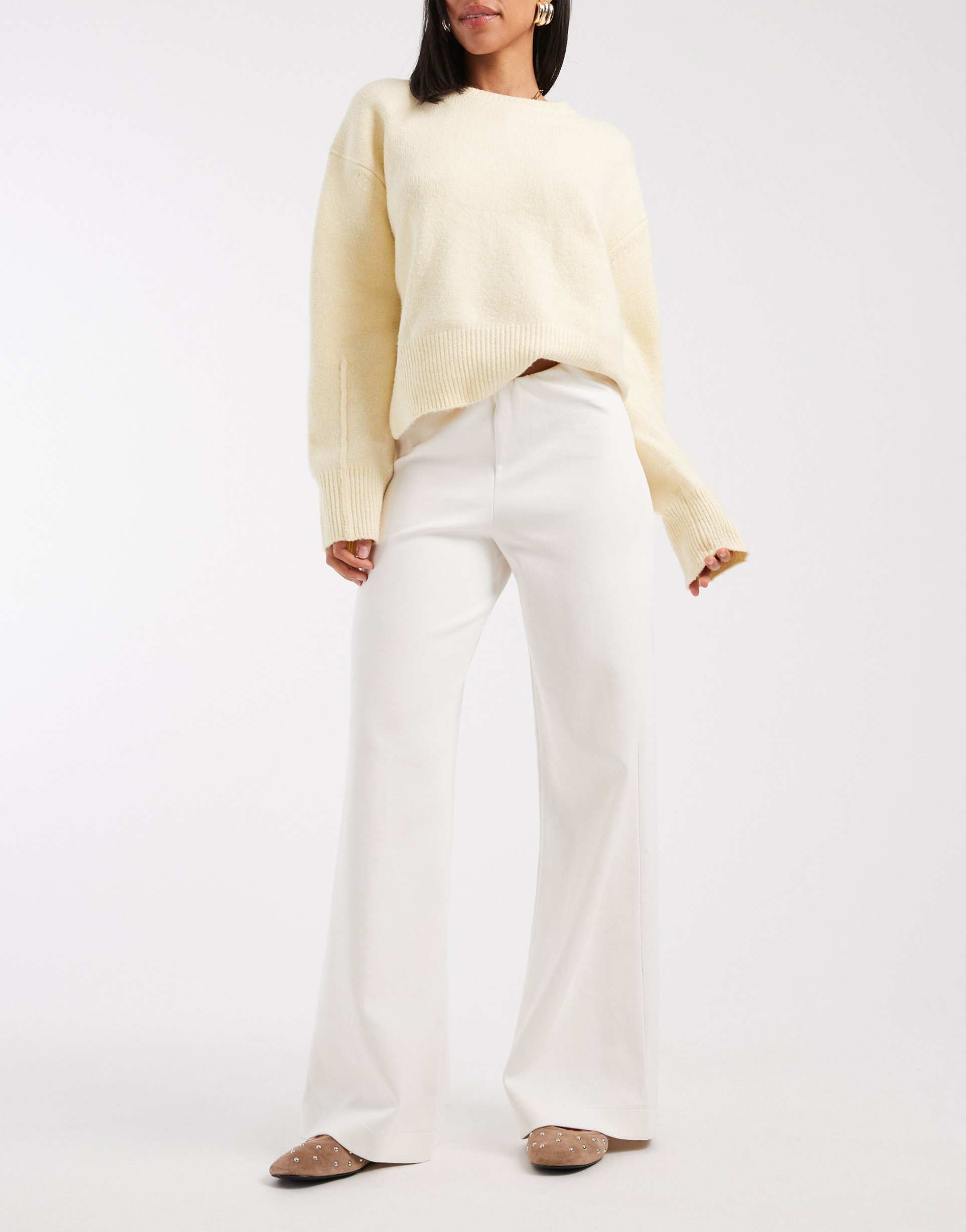 asos design basics wide leg interlock jersey pants in ivory