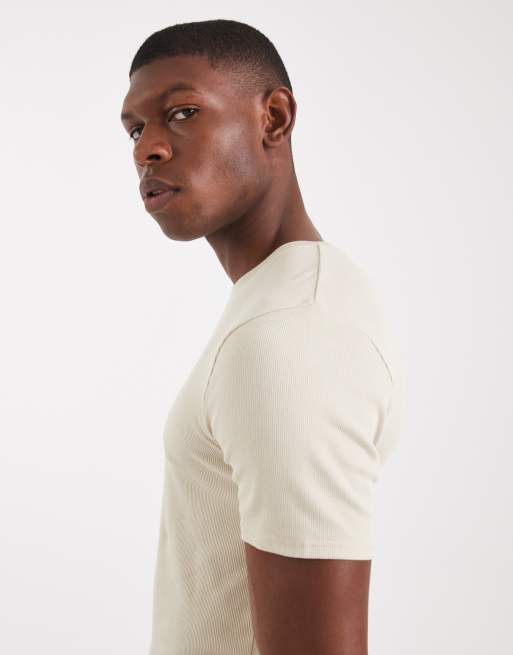 ASOS DESIGN - Basisdele - Beige tætsiddende T-shirt i ribstrik, 5 af 5