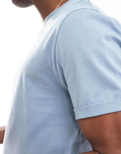 ASOS DESIGN - Basisdele - Blå T-shirt med rund hals og ærmer med opsmøg, 3 af 4