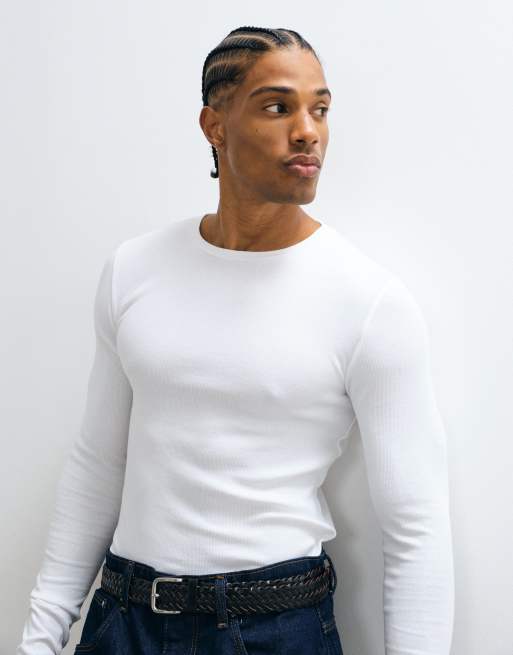 ASOS DESIGN - Basisdele - Hvid tætsiddende T-shirt i ribstrik med lange ærmer, 4 af 7