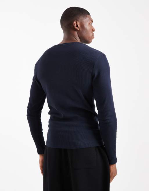 ASOS DESIGN - Basisdele - Marineblå tætsiddende T-shirt med lange ærmer i ribstrik , 3 af 5