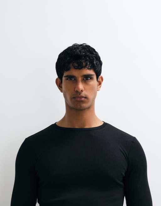 ASOS DESIGN - Basisdele - Sort tætsiddende T-shirt med lange ærmer i ribstrik, 3 af 5