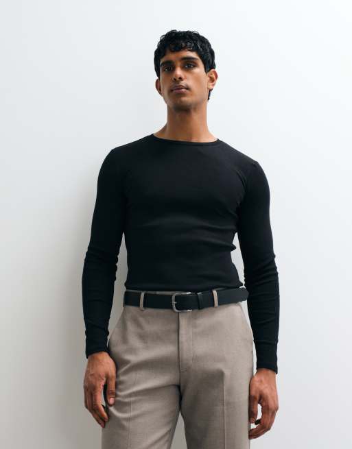 ASOS DESIGN - Basisdele - Sort tætsiddende T-shirt med lange ærmer i ribstrik, 4 af 5