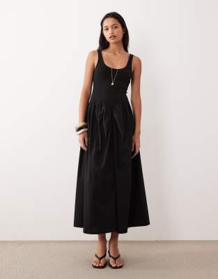 ASOS DESIGN basque waist midi dress with woven skirt in black