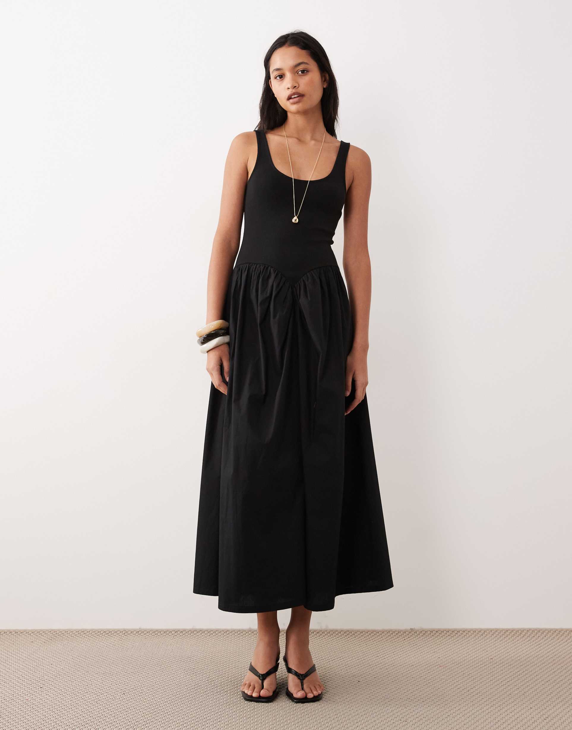 asos design basque waist midi dress with woven skirt in black