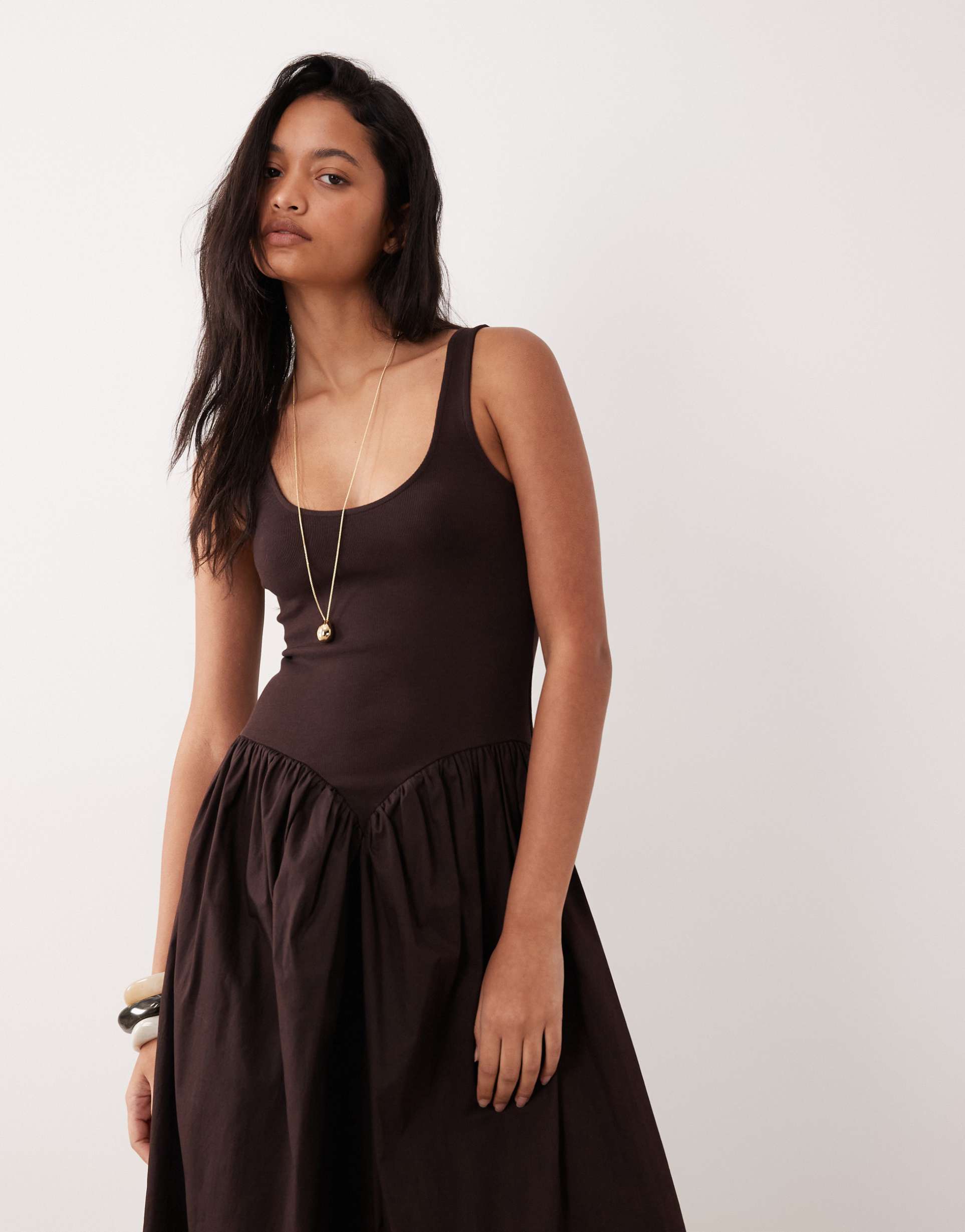 asos design basque waist midi dress with woven skirt in chocolate