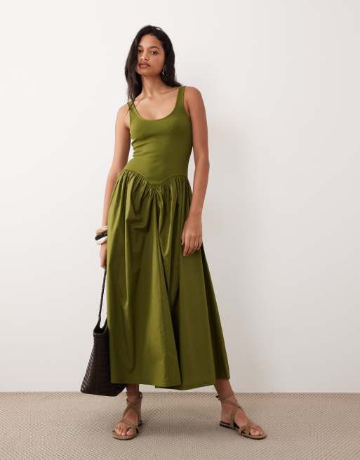 ASOS DESIGN basque waist midi dress with woven skirt in olive, 2 of 4