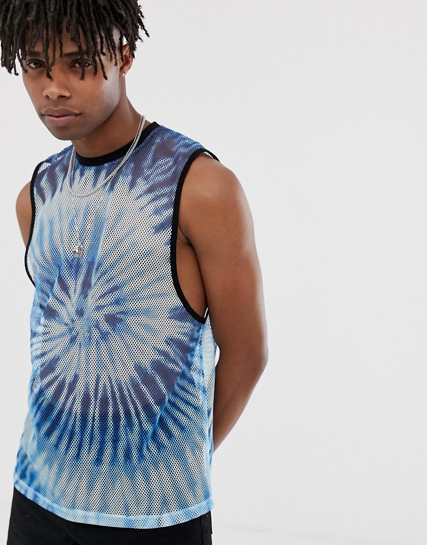 ASOS DESIGN – Batikfärgad ärmlös t-shirt i mesh med avslappnad passform och sänkt ärmhål-Blå