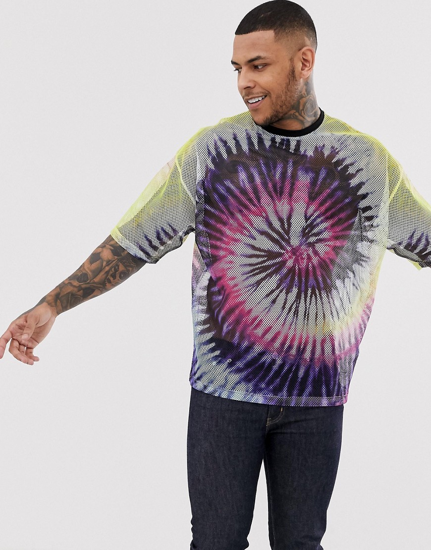 ASOS DESIGN – Batikfärgad mesh-t-shirt i oversize-modell med halvlång ärm-Flerfärgad