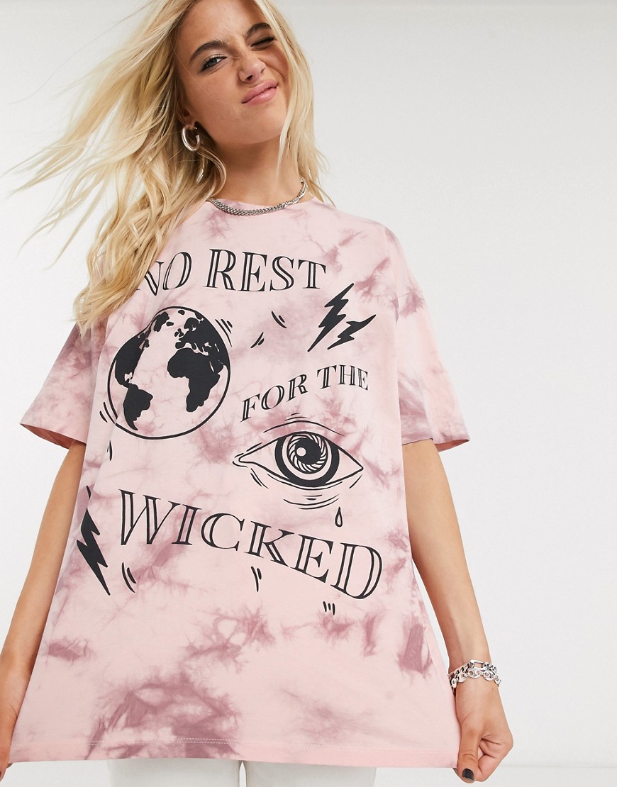 ASOS DESIGN – Batikfärgad t-shirt med No rest for the wicked-tryck-Flerfärgad