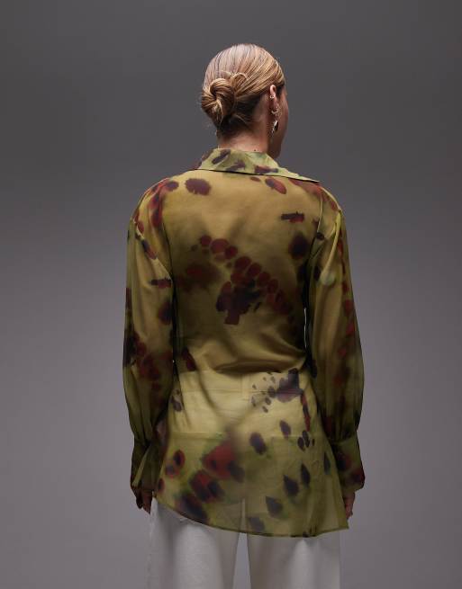 ASOS DESIGN – Batikmönstrad skjorta i chiffong med djup ringning och omlott framtill, 4 av 4