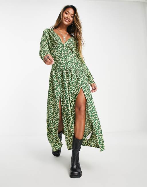 ASOS DESIGN batwing button through casual midi tea dress in green daisy floral