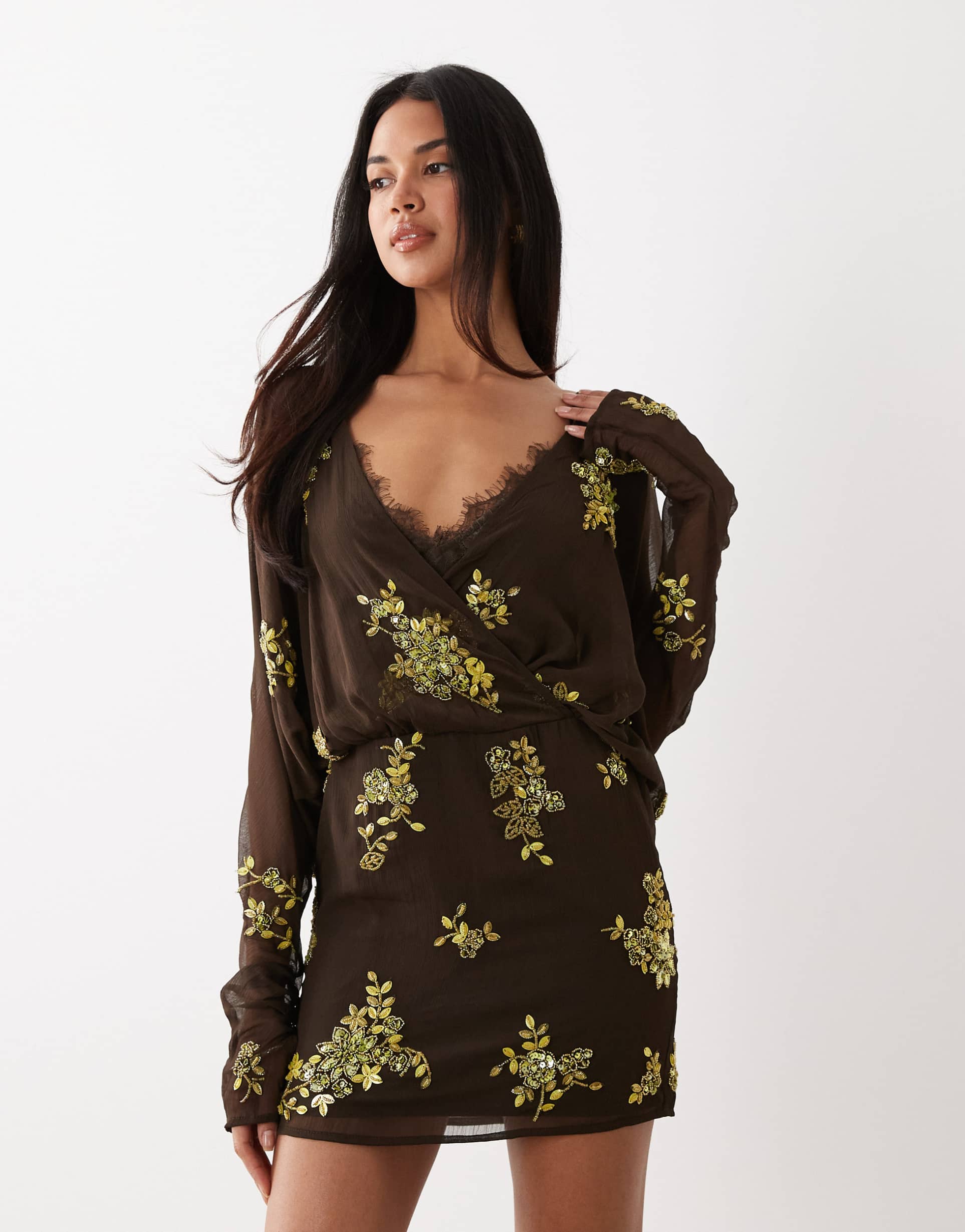 asos design batwing embellished slouchy hip mini dress with lace cami in chocolate and lime