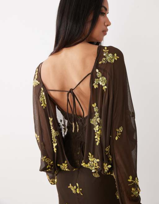 ASOS DESIGN batwing embellished slouchy hip mini dress with lace cami in chocolate and lime, 2 of 4