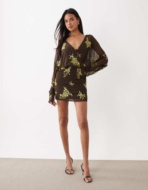 ASOS DESIGN batwing embellished slouchy hip mini dress with lace cami in chocolate and lime, 3 of 4
