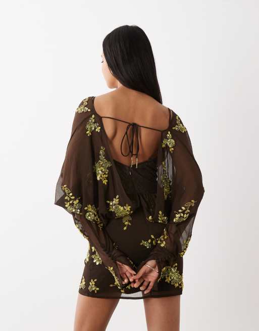 ASOS DESIGN batwing embellished slouchy hip mini dress with lace cami in  chocolate and lime | ASOS