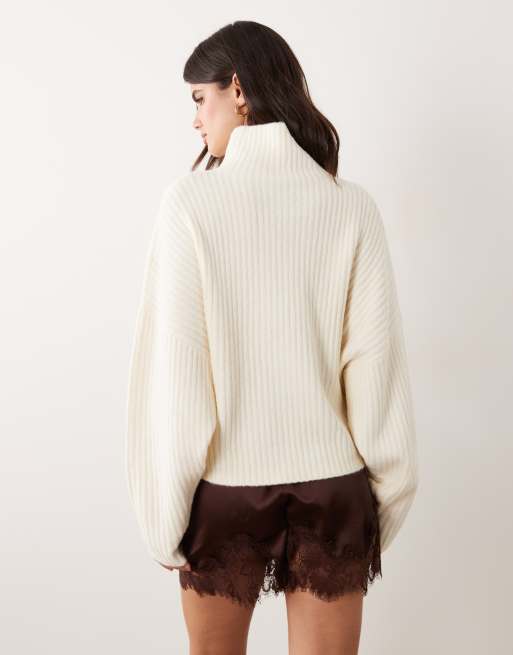 ASOS DESIGN batwing funnel neck jumper in cream, 4 of 4