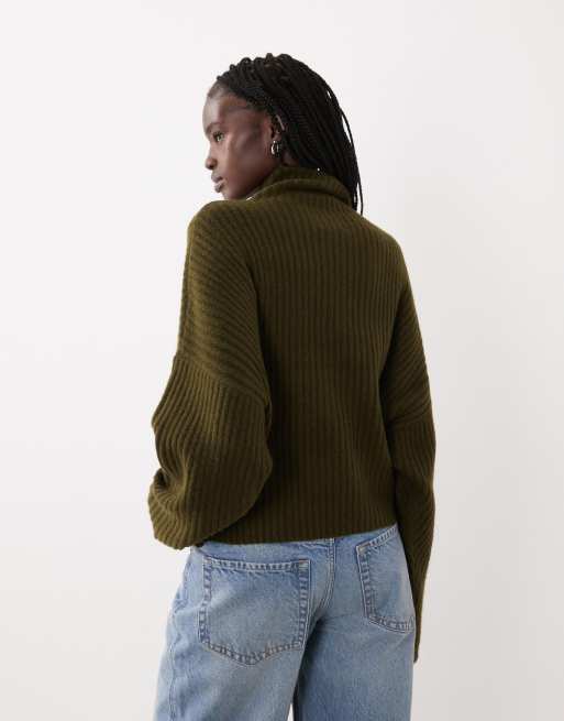 ASOS DESIGN batwing funnel neck jumper in khaki, 3 of 4