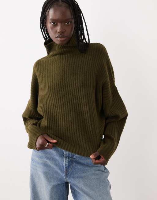 ASOS DESIGN batwing funnel neck sweater in khaki, 2 of 4