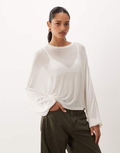 ASOS DESIGN batwing gennemsigtig striktop med taljering i cream - view 1