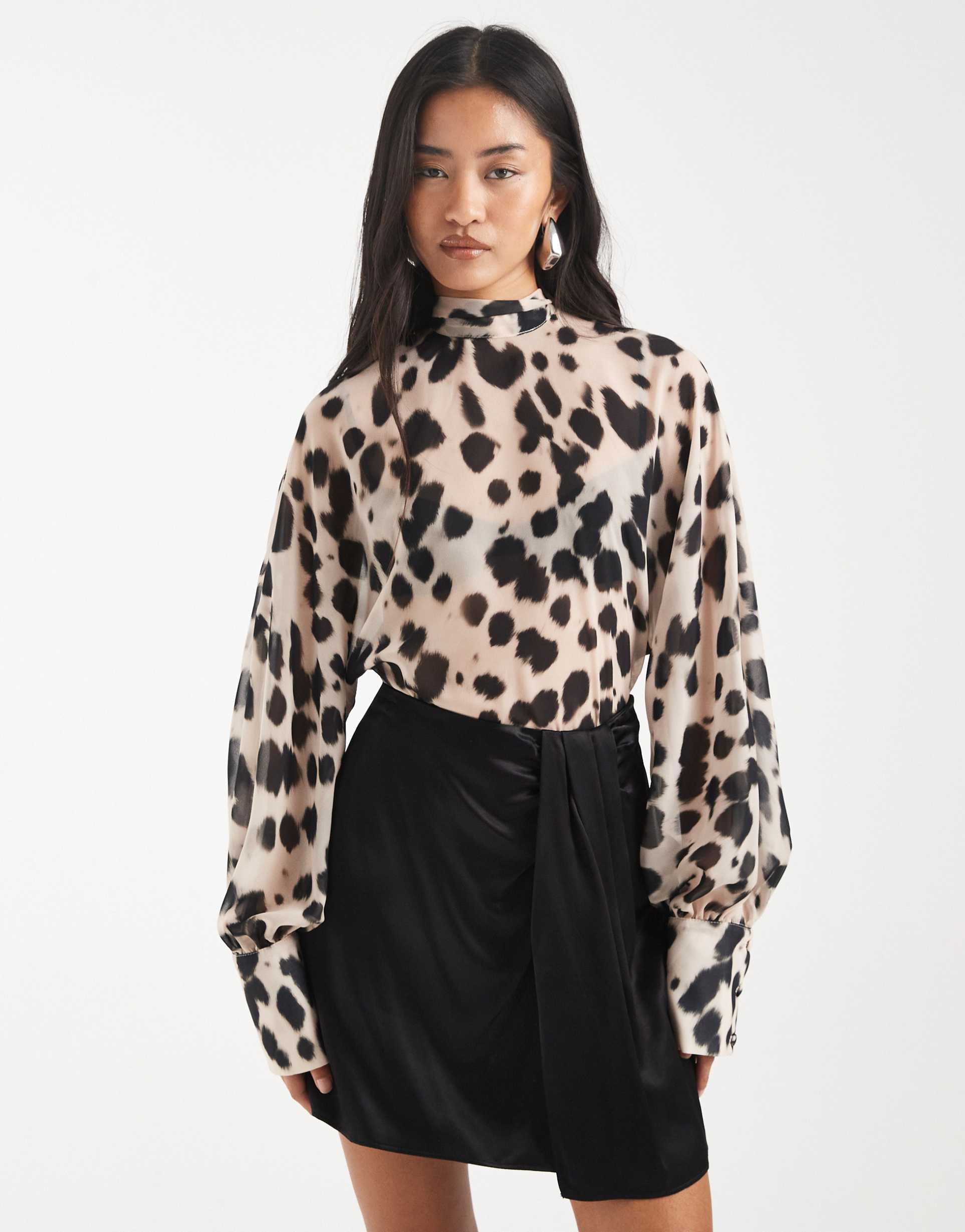 asos design batwing high neck blouse in animal print