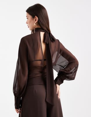 Asos Design Batwing High Neck Blouse In Brown