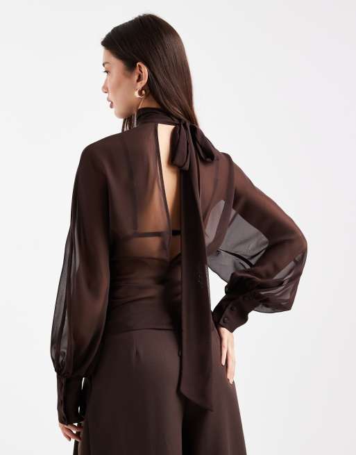 ASOS DESIGN batwing high neck blouse in chocolate