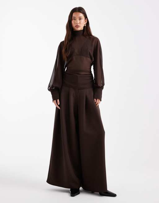 ASOS DESIGN batwing high neck blouse in chocolate, 3 of 4